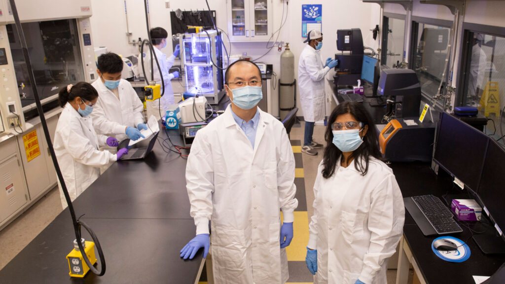 Assistant Professor Kenan Song and Mounika Kakarla in the lab.