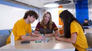 Daniella Pautz (center), a biomedical engineering graduate student, works with FURI students Maxwell Johnson (left) and Ruhi Dharan (right). Pautz’s research explores how methods of persuasion used by engineering professors can affect students’ performance and well-being.