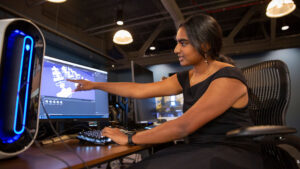 Computer science major Neha Balamurugan works in the Dreamscape Learn facilities on a FURI project to use virtual reality for better data visualization.