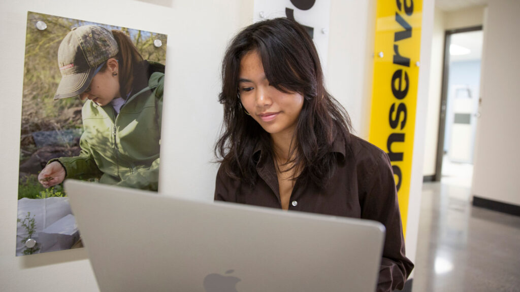 GCSP research stipend student Sofia Vargas works on a laptop.