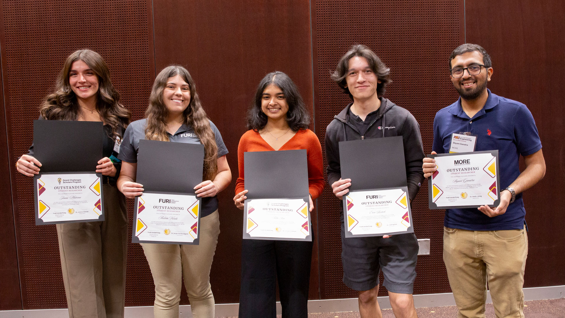 Fulton Schools Outstanding Student Researchers Jenna Materna, Aislinn Varela, Aditi Rao, Eron Ristich and Shyam Ganatra. 