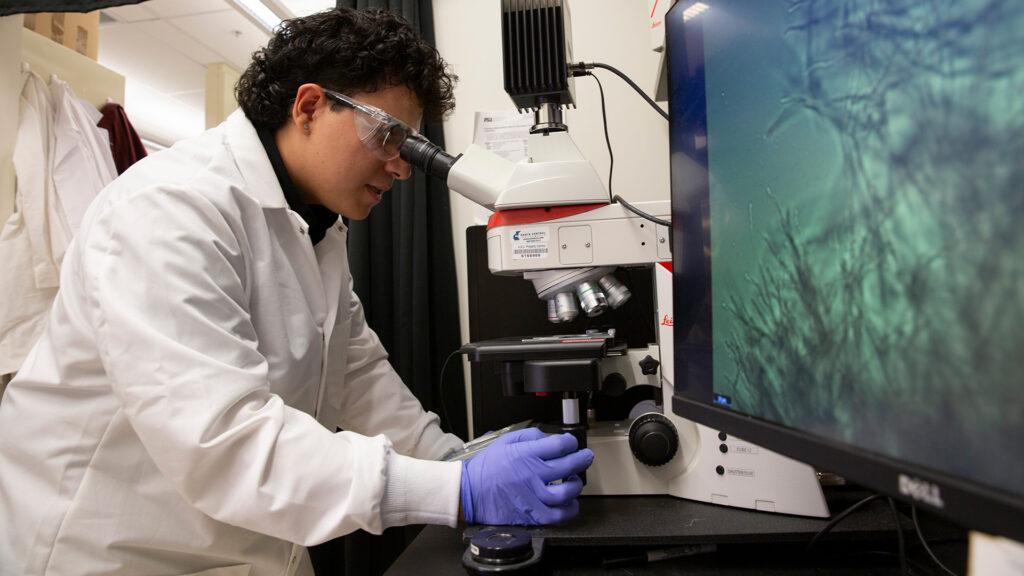 Diego Sanchez works with equipment in a lab.